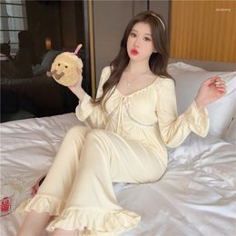 Women's Sleepwear Lady Modal Pyjamas Set Sexy Lace Ruffles Shirt&pants Apricot 2Pcs Princess Home Wear Loungewear Long Pour Femme Pyjamas