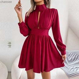 Vestidos casuais básicos f 2023 novas mulheres outono inverno sexy oco para fora cor sólida cintura alta grande balanço vestido para moda lst230904