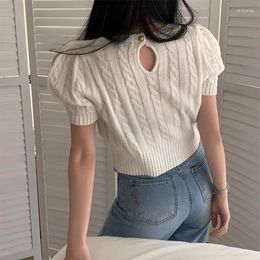 Women's Sweaters Korean Chic Summer Niche Pullover Design O-neck Back Hollow Out Pattern Puff Sleeve Ice Silk Sweater 2023 Tops Woman