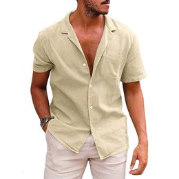 Men's Polos Summer Casual Solid Color Blouse Cotton Linen Short Sleeve Shirt Loose Cardigan Tops Comfy Breathable Beach Male 230901