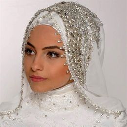 Luxury Sewing Beads Crystal Veils Custom Made Color Length Wide Muslim Veils Hijab One Layer Handy Made Wedding Veil232S