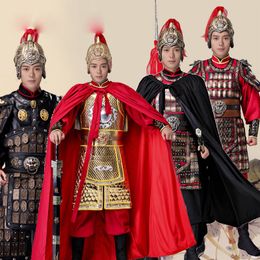 Han Tang Song Ming Dynasty Men Military Armour Ancient China Generals Costume Performance Outfit Black Red Golden Armour + Cloak