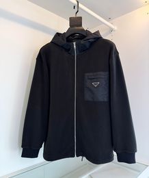 2023 Autumn/Winter Nylon Spliced Polar Fleece Hooded Jacket Triangle Logo Coat Top Quality Designer Black Jacket M-3XL