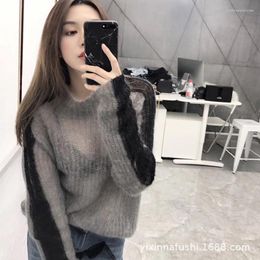 Women's Sweaters Mohair Turtleneck Striped Plus Size Long-Sleeved Knitted Pullover Sweater Fall Korean Gray Transparent Harajuku Vintage