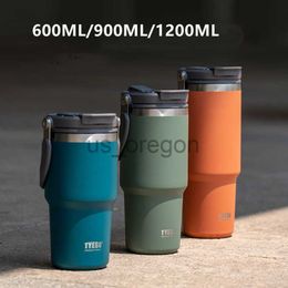 Thermoses 900ml1200ml Double Stainless Steel Thermos Mug With Straw Coffee Tea Thermal Flask Car Travel Climbing Thermal Mug With Handle x0904