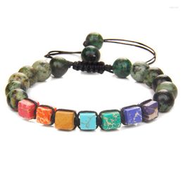 Link Bracelets Square Beads 7 Chakra Wrap For Men Adjustable Braided Bracelet Green African Stone Lava Labradorite Handmade Jewellery