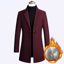 Women's Wool Blends Wine Red Long Wool Trench Coat Men Winter New Slim Fit Cotton Lining Wool Overcoat One Button Mens Cashmere Coat HKD230904