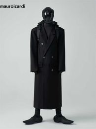 Women's Wool Blends Mauroicardi Autumn Winter Long Loose Luxury Warm Soft Black Woollen Trench Coat Men Double Breasted Cool European Overcoat 2022 HKD230904