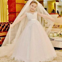 Girl Dresses Flower White Lace Appliques Pearls Beading Ball Gown Sleeveless For Wedding Princess First Communion Gowns