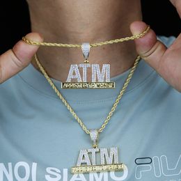 Pendant Necklaces Iced Out Bling Letters ATM Addicted To Money Pendant Necklaces Gold Plated 5A Cubic Zircon Men's Hip Hop Rope Chain Jewelry Gift 230901