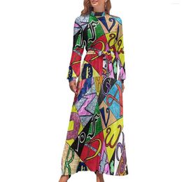 Casual Dresses Colourful Word Graffiti Dress High Waist Eye Exam Print Custom Boho Beach Long-Sleeve Stylish Long Maxi Clothing