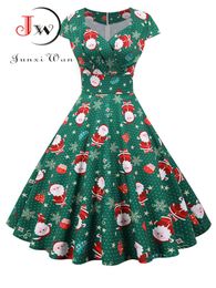 Kostium motywu świąteczny sukienka Kobiety z krótkim rękawem V Elegancki vintage nadruk Xmas Rok Prom Sundress 3xl Robe 230904