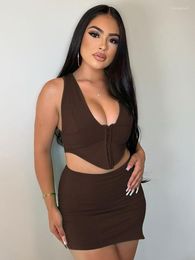 Work Dresses Two Piece Sets Outfits Women Sexy Crop Tanks Tops Bodycon Mini Skirts Suits 2023 Summer Party Club Matching Green Brown