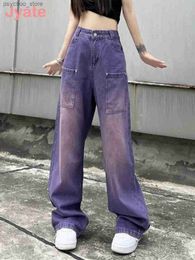 Women's Jeans Jyate Purple Baggy Jeans Women Y2k High Waist Gradient Color Washed Cargo Pants Mopping Straight Denim Trousers Streetwear Q230904