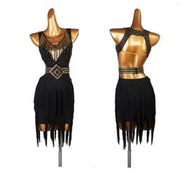 Stage Wear Latin Competition Dance Skirt Women Black Shiny Sexy Rumba Samba Dresses Adult Standard Tassel Dancing