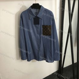 Casual Shirt Unisex Denim Shirt Top Loose Leather Pocket Design Long Sleeve Shirt Lapel Shirt