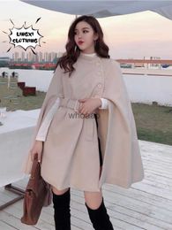 Women's Wool Blends 2023 Autumn/Winter New French Celebrity Temperament Mid Length Cloak Woolen Shawl Elegant Thickened Belt Warm Coat Wool Coat HKD230904