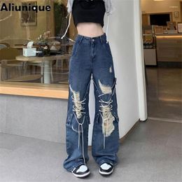 Women's Jeans Ripped High Waist Straight Wide Leg Pants Loose Fried Street Autumn Slim Trousers Sale