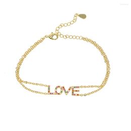 Charm Bracelets 16 5cm Size Copper Chain Gold Color LOVE Letter Bracelet With Multicolored Zircon Paved Bangle For Women