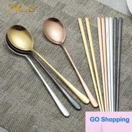 Wholesale Hashi Black 18/10 Stainless Steel Korean Chopsticks Spoon Set Tableware Dessert Spoons Long Handle Chinese Chop Sticks Sets