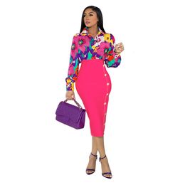 Plus size Dresses 2 Piece Skirts Sets African Clothes Women Floral Print Shirt Tops Africa Clothing Outfits Fashion Office Lady African Skirt Suit 230901
