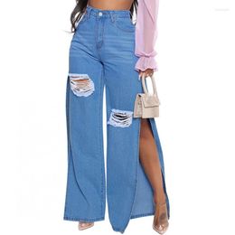 Women's Jeans European And American Blue Sexy Ripped Elastic Slit Wide Leg Denim Flared Pants Spring Autumn Models