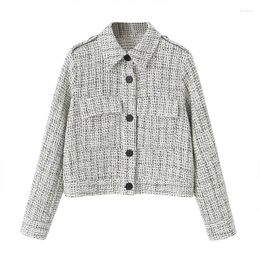 Women's Suits Autumn And Winter 2023 Long-Sleeved Lapel Short Textured Patch Pockets Decorated Suit Jacket Single-Breasted Plaid