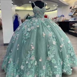 Green Princess Quinceanera Dress Ball Gown With Bow Flowers Appliques Beading Pearls Pageant Sweet 15 Prom Party Dresses