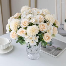 Decorative Flowers 1Pcs 6 Heads Rose Chrysanthemum Silk Bouquet Artificial For Wedding Bridal Christmas Home Living Room Decoration