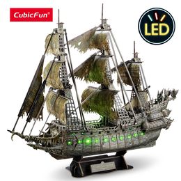 3D Puzzles CubicFun 3D Puzzles Green LED Flying Dutchman Pirate Ship Model 360 Pieces Kits Lighting Building Ghost Sailboat Gifts for Adult 230904