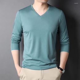 Men's T Shirts Spring Casual Solid Color Long Sleeve T-Shirt Mulberry Silk Fabric High Quality Business V-neck Bottoming Shirt Male Brand