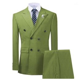 Men's Regular Fit 2 Pieces Double Breasted Lapel Pinstripe Formal Olive Green Tuxedo Business Suit for Wedding Groom1213V