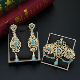 Pins Brooches Sunspicems Gold Color Morocco Caftan Brooch Pins Long Drop Earring Blue Crystal Bride Jewelry Set for Women Arabic Flower Bijoux 230901