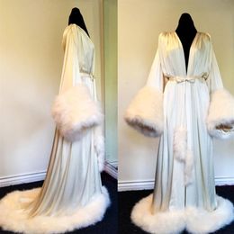 Women Winter Robe Nightgown Bathrobe Pajamas Sleepwear With Fur Train Long Sleeve Jackets Wedding Bridesmaid Shawel263L