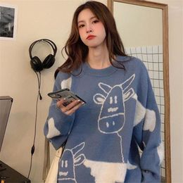 Women's Sweaters Loose Female Oversized Sweatshirt Korean Cow Lovely Spring Long Sleeve Sweater Girl Streetwear Blue Tops