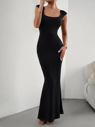 Casual Dresses MALCIKLO Women Bodycon Long Maxi Dress Cap Sleeve Square Neck Solid Slim Fit Cocktail Party