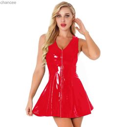 Robes décontractées de base Plus la taille femmes brillant débardeur robe en cuir sans manches brillant latex plissé parapluie jupe porno chaud fermeture éclair poitrine ouverte exposant LST230904