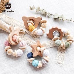 Rattles Mobiles Lets Make 1PC Wooden Teether Hedgehog Crochet Beads Wood Crafts Ring Engraved Bead Baby Toys For Rattle 230901