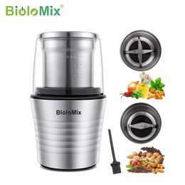 Manual Coffee Grinders BioloMix 2in1 Wet and Dry Double Cups 300W Electric Spices Bean Grinder Stainless Steel Body Blades 230901