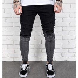 Mens Casual Fashion Personality Jeans Gradient Black Gray Contrast Color Ripped Holes Washed Denim Trousers262Q