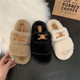 Slippers Autumn winter mink hair rabbit hair sheep wool lady wear thick bottom flat hair shoes go out girls with skirt hair slippers 230901