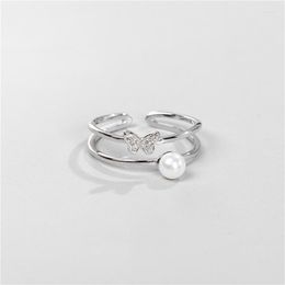 Cluster Rings Silver 925 Jewellery For Women Sterling Double-Layer Butterfly Pearl Ring Open Adjustable