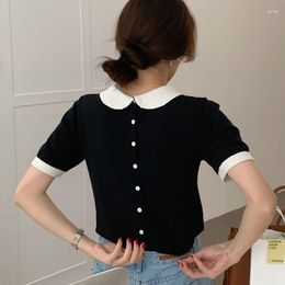 Women's Sweaters Back Single Breasted Black Doll Puff Short Sleeve Collar Wild Slim Stretch Knit Tops Jumper Shirts For Women Blouse