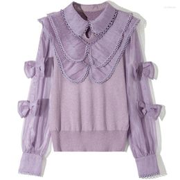 Women's Sweaters 2023 Spring High Quality Ladies Pater Pan Collar Bow Deco Long Sleeve Casual Knitted Pullovers Purple Red