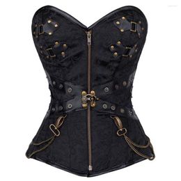 Bustiers & Corsets Women's Faux Leather Steel Boned Vintage Steampunk Cool Warrior Chain Design Brocade Zip Up Corselet With Thong