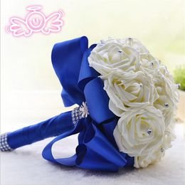 Artificial Wedding Bouquets New 16 Handmade Ivory Flowers Royal Blue Ribbon Wedding Anniversary Bouquet for Brides 18-20cm3225