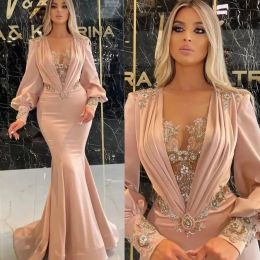 Elegante rosa cetim sereia vestidos de noite profundo decote em v cristal miçangas manga longa vestidos de baile feitos sob encomenda plus size pageant festa wear