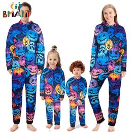 Passende Familien-Outfits, Halloween-Pyjama, Partykleidung, Mutter, Vater, Kinder, Baby, Kapuzenoverall, Kürbis-Allover-Print, Reißverschluss-Overalls 230901