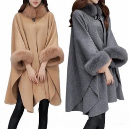 Modest Autumn Winter Faux Fur Collar Cape Shawl Long Sleeves Women Poncho Cape Coat Grey Beige Warm Woollen Jackets In Stock212w