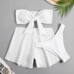 Women's Swimwear White High Waist Bikini Sets Women Bandeau With Shorts Swimsuit Three Pieces Summer Sexy Bow Beachwear Bathing Suit